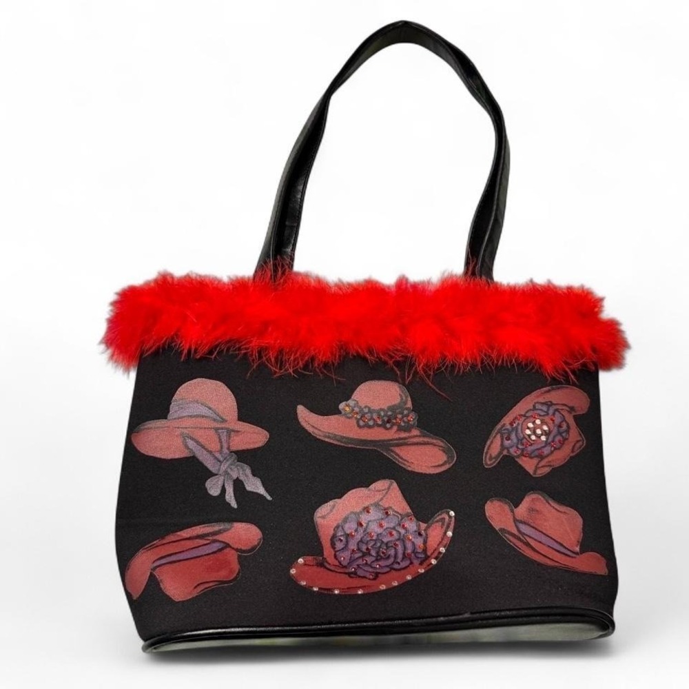 Y2K Kitschy Hat Print Faux Fur Trim Shoulder Bag Redโ Black Western Art Dopamine
